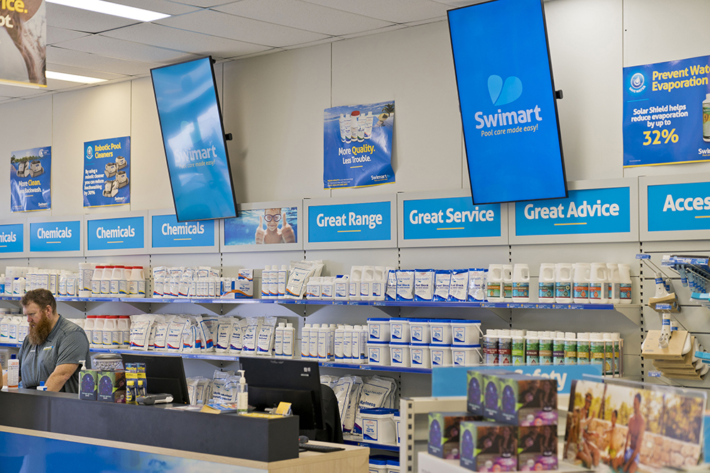 Swimart uses digital signage for more than simple branding. Photo: Mandoe Media. Mandoe Media Swimart uses digital signage. Photo: Mandoe Media.