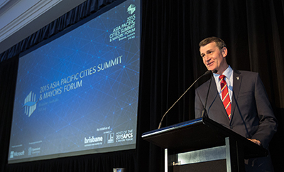 Brisbane Lord Mayor Graham Quirk addresses the 2015 Asia Pacific Cities Summit.