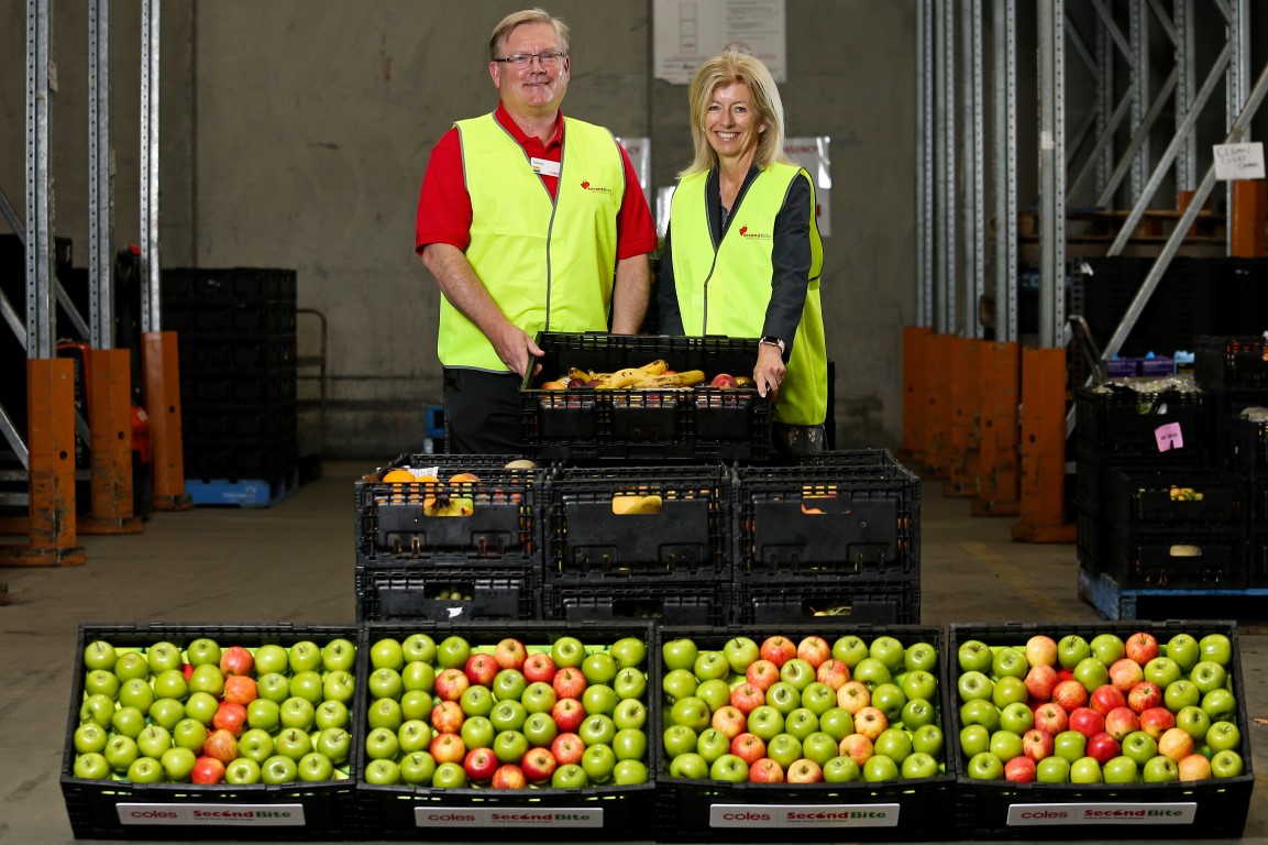 Coles CEO Steven Cain and SecondBite co-founder Simone Carson at the previous 100 million meals program announcement.