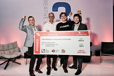 From left are QUT Creative Enterprise Australia CEO Mark Gustowski, Virgin Australia's Adam Humphries, Rob Joseph of ANTI and Virgin Startup Program's Ian Mason.