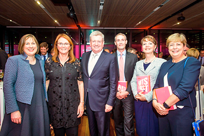 Creative Partnerships Award winners 2016 (from left) are Fiona Menzies, Naomi Milgrom, Arts Minister Mitch Fifield, Peter Wilson, Mary Jo Capps and Julieanne Alroe.