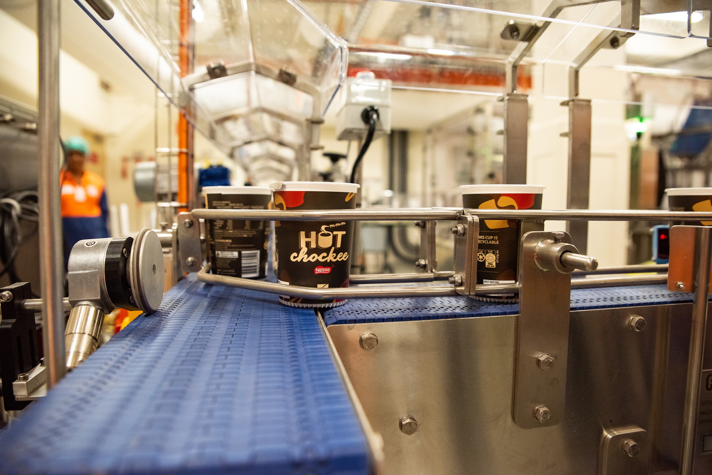 The new cup manufacturing line at Nestle's Smithtown plant - starting with the Hot Chockee recyclable cup developed with 7-Eleven.