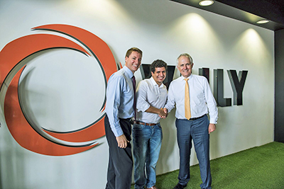 Federal Member of Bonner Ross Vasta (left) with Vuly founder Joe Andon and Prime Minister Malcolm Turnbull at Vuly's Brisbane factory.