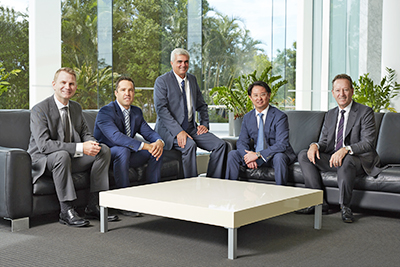 Gold Coast-based legal firm Hickey Lawyers leadership team (from left) partners Joe Welch and Dan Marino, managing partner Mark Lacy, partner Simon Chan, and founder Tony Hickey.