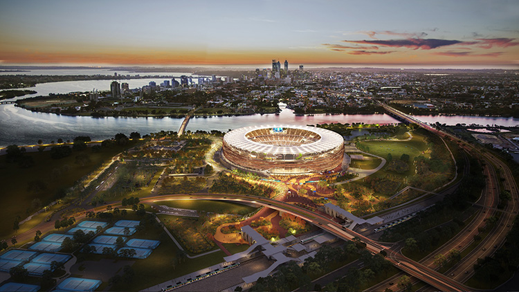 Artist's impression of the new Westadium Perth Stadium and Sports Precinct.