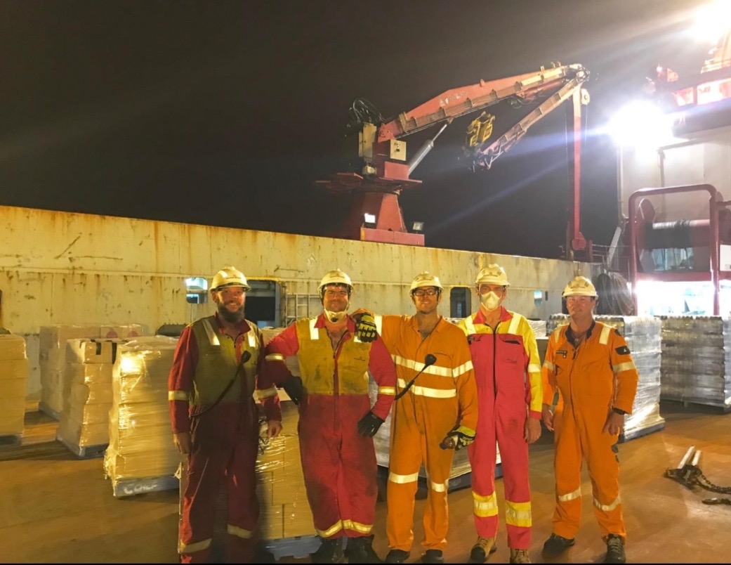 Australian and New Zealand crew aboard Norwegian-flagged ship 'Far Saracen' gather to deliver urgent supplies for the bushfire-ravaged Victorian seaside township of Mallacoota.